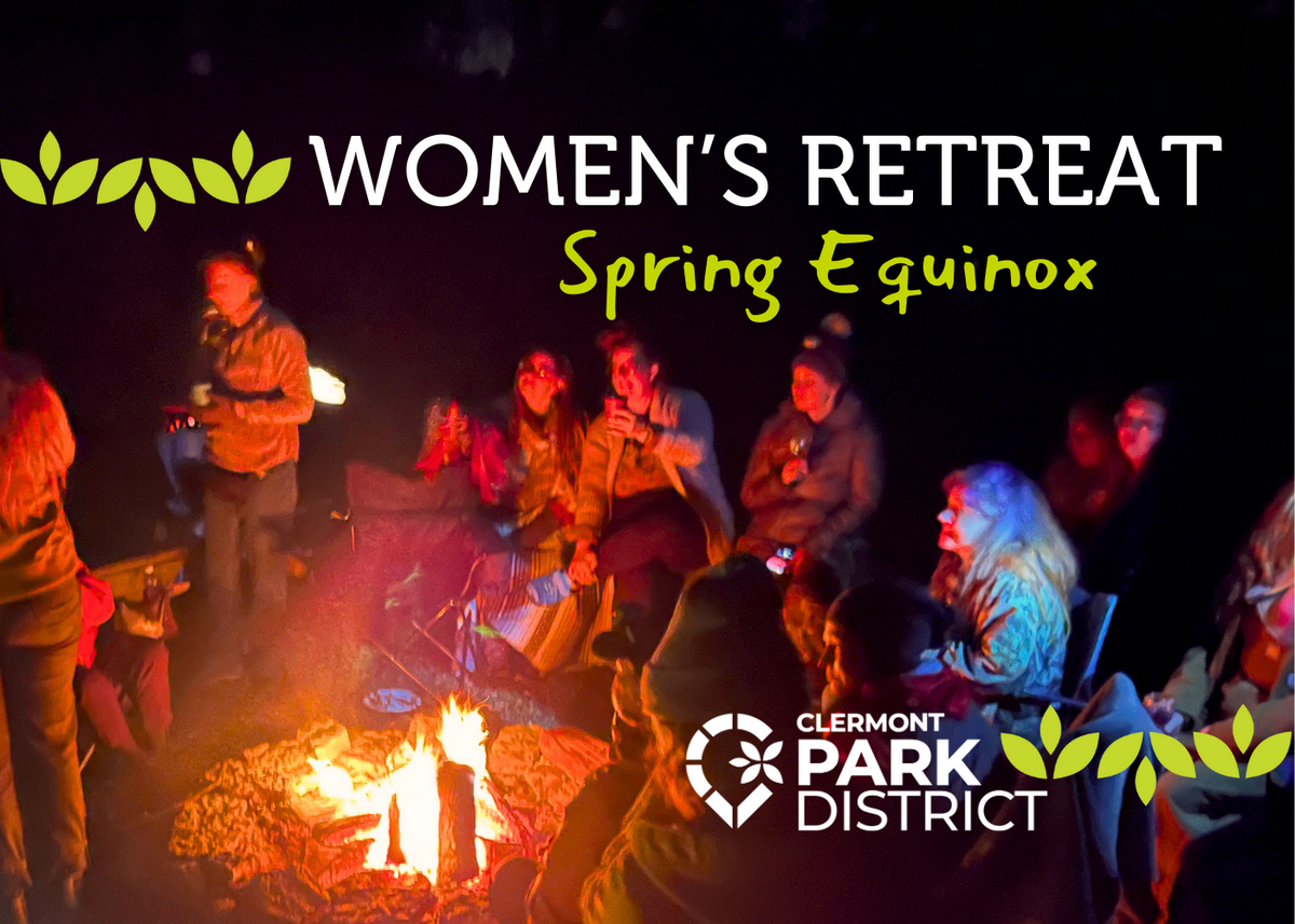 womens retreat, spring equinox in white and green lettering on a background of women gathered around a campfire